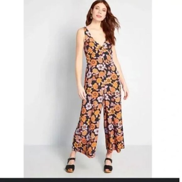Modcloth Floral V-neck Jumpsuit Women's  XL Retro Boho Festival - Picture 1 of 13